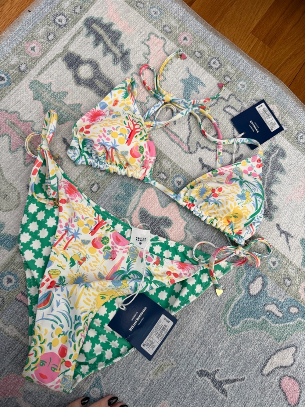 Roller Rabbit Floral Multicolor Tie Bikini (Green, Pink, Yellow)